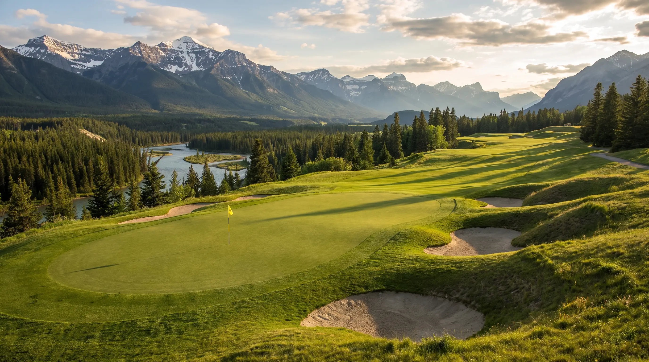 An elevated green with a sweeping Bow Valley view