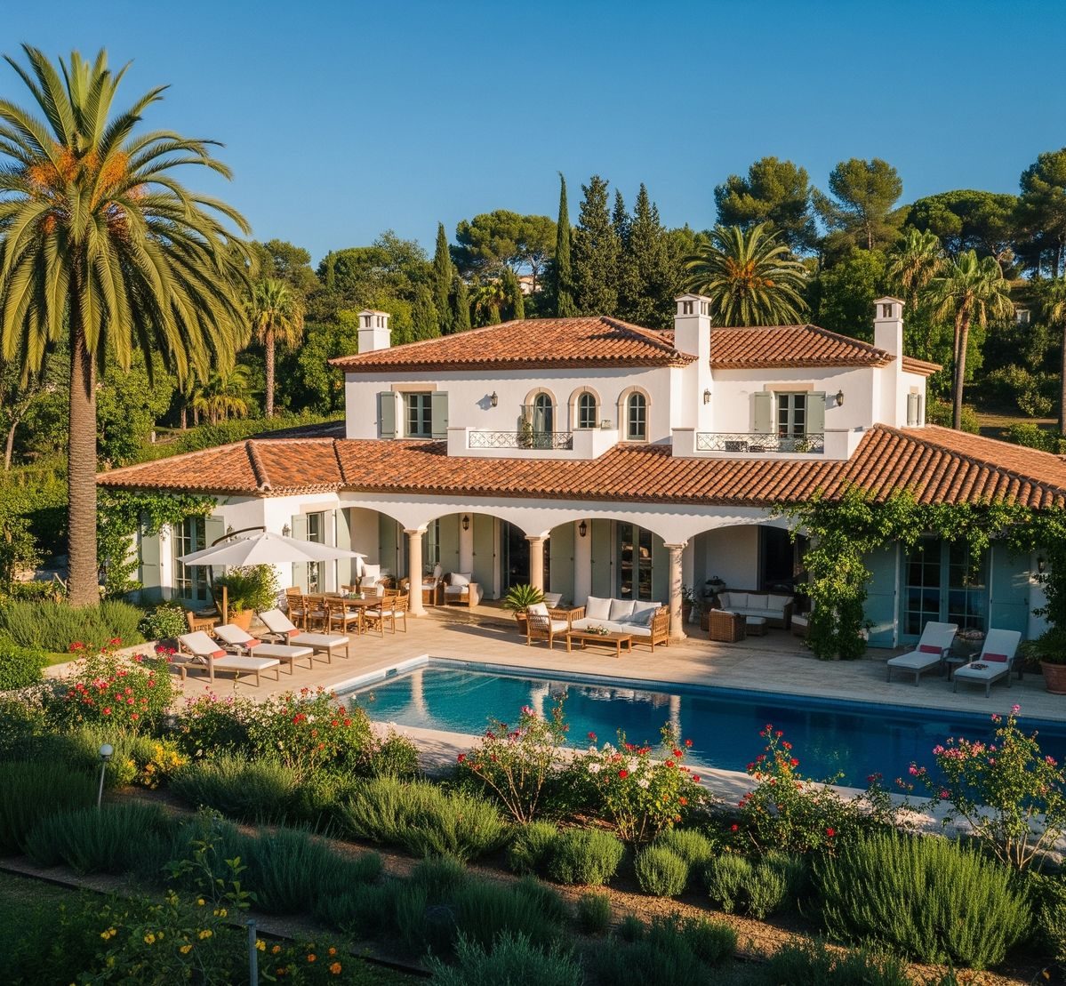 Reference image for Portugal pipeline. A white Mediterranean villa with terracotta roof tiles, an arched colonnade, pool, and surrounding gardens of cypress, palm, and lavender.
