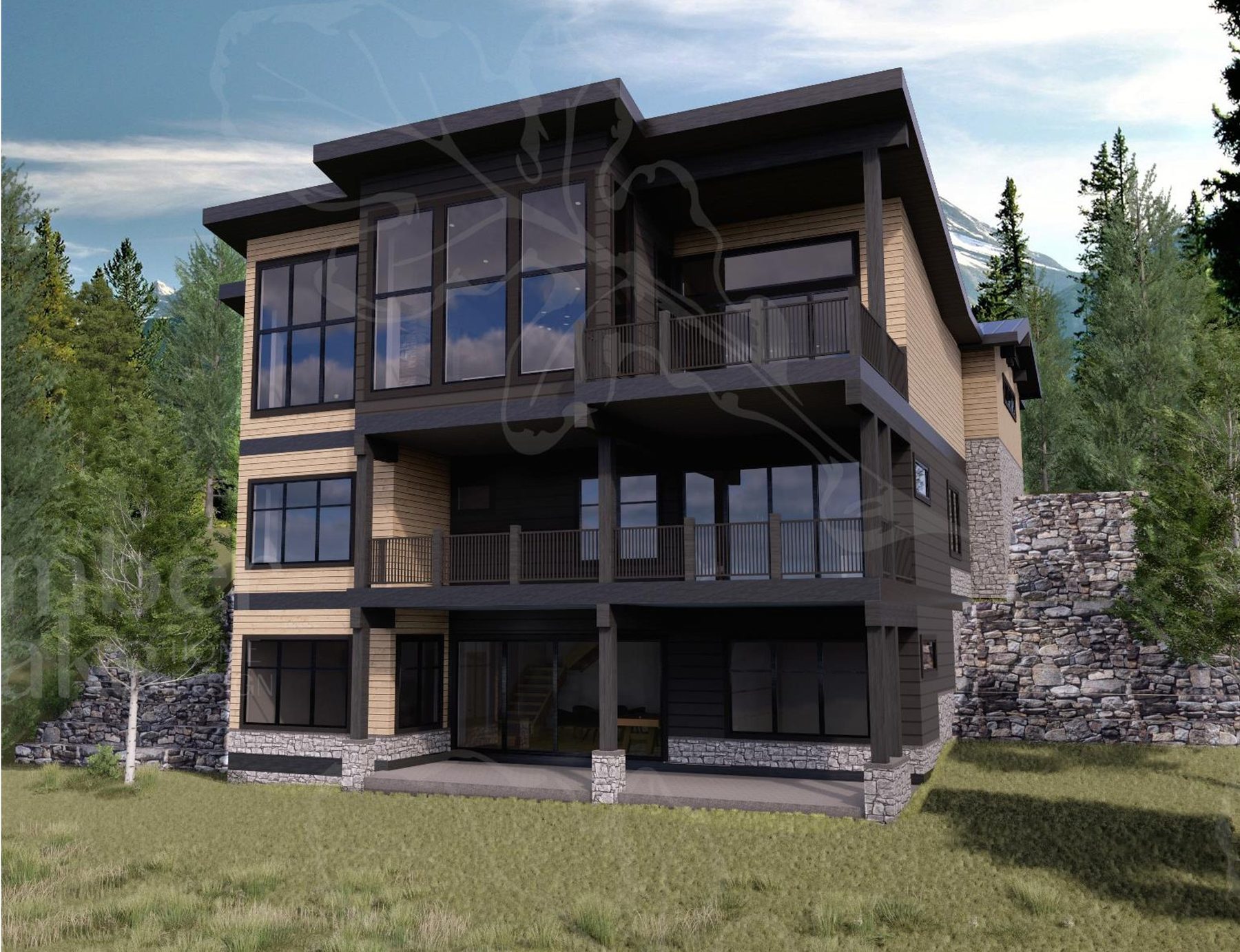 Architectural rendering of Serenity Point. Three-storey contemporary mountain home with vertical wood siding, dark trim, stone accents, and stepped deck levels on the valley-facing elevation.