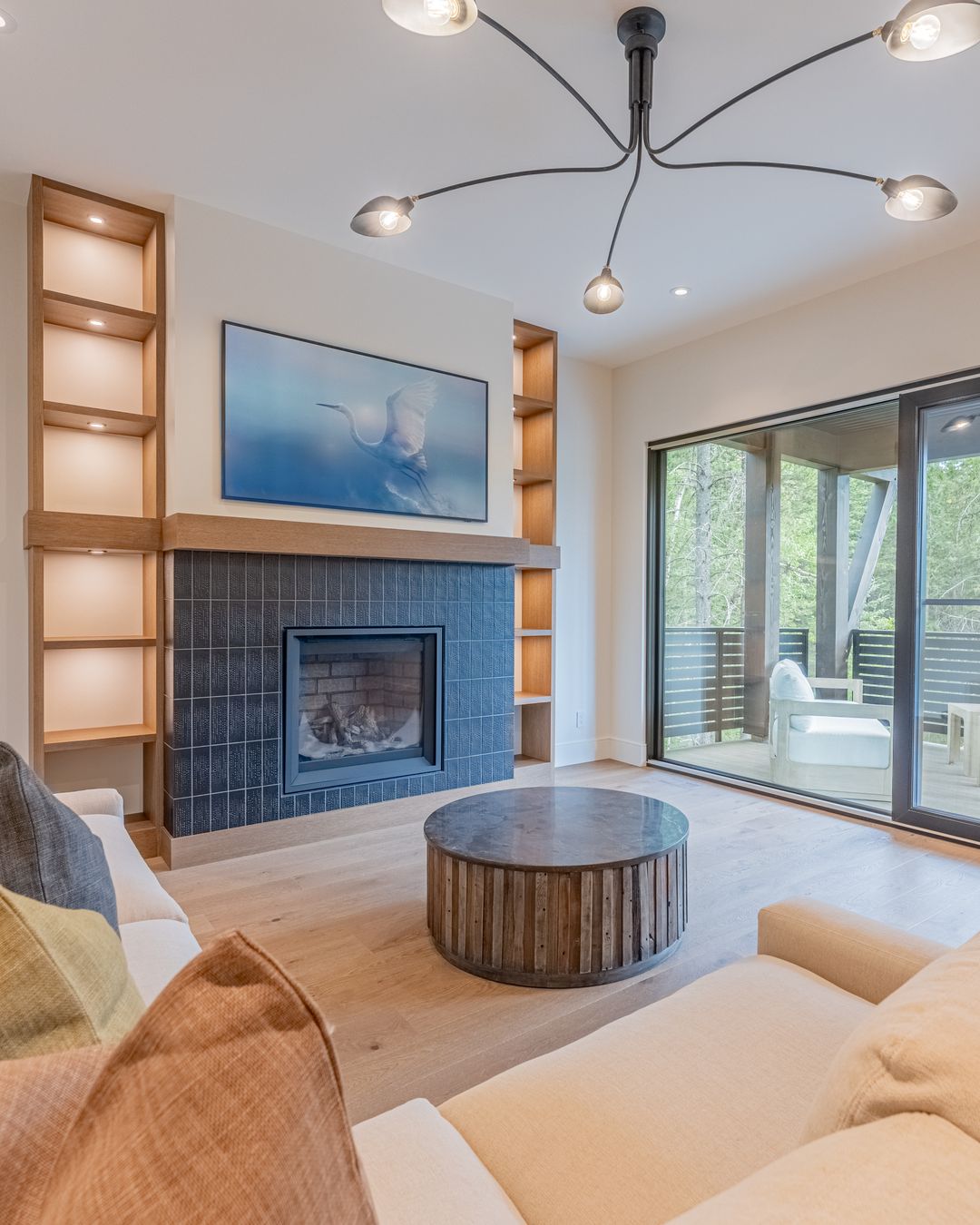 The mid-level living room and its fireplace