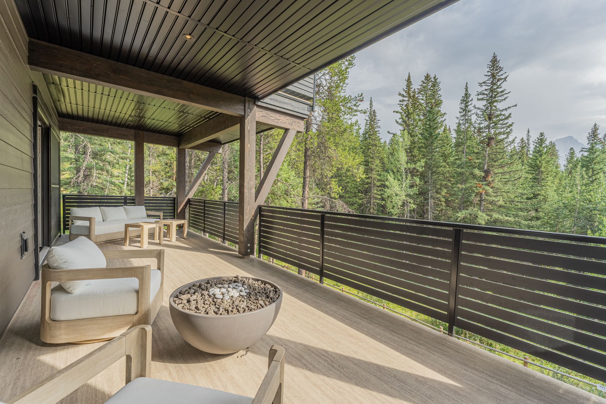 The covered deck, the fire bowl and the forest
