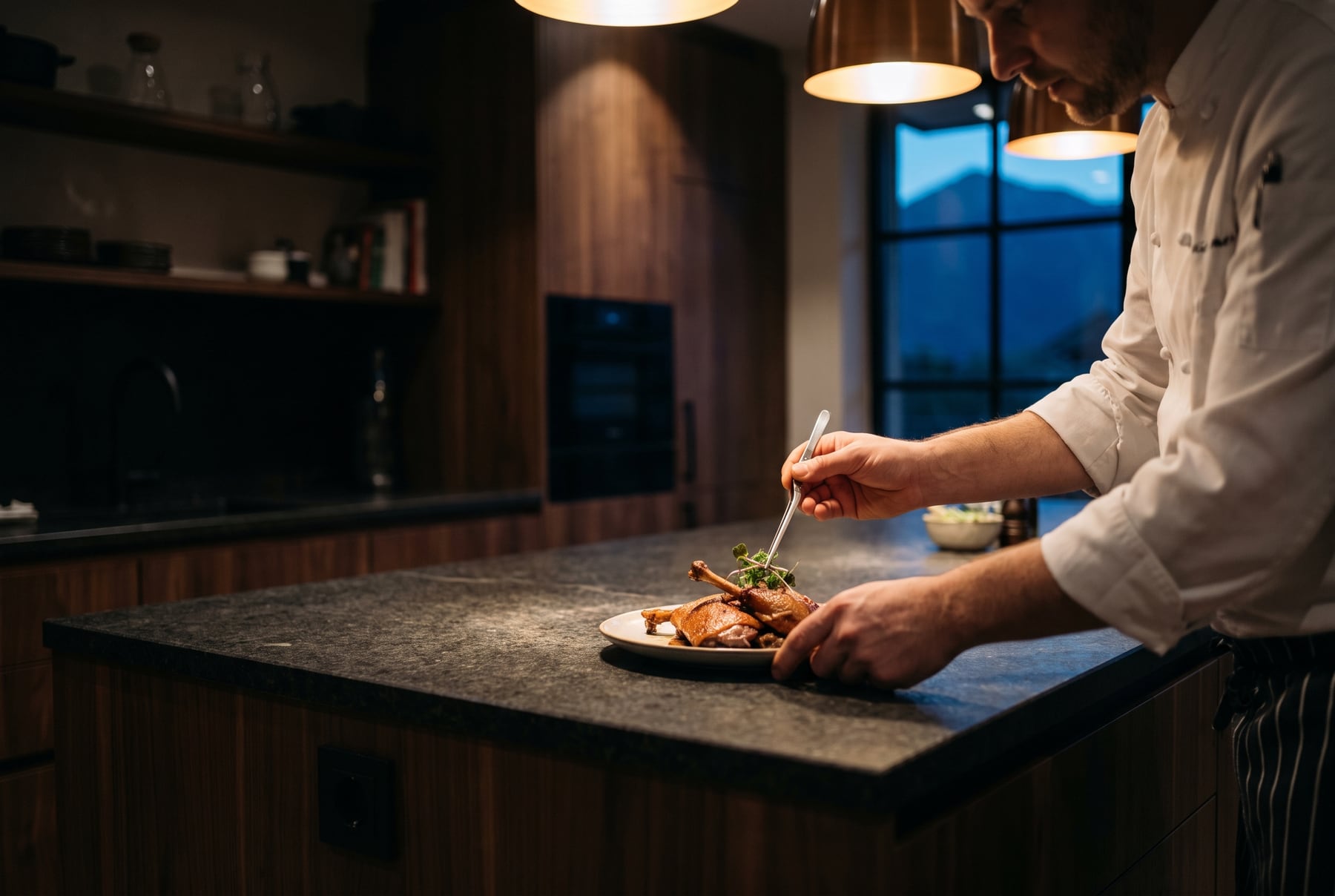 A private chef plating dinner in the kitchen