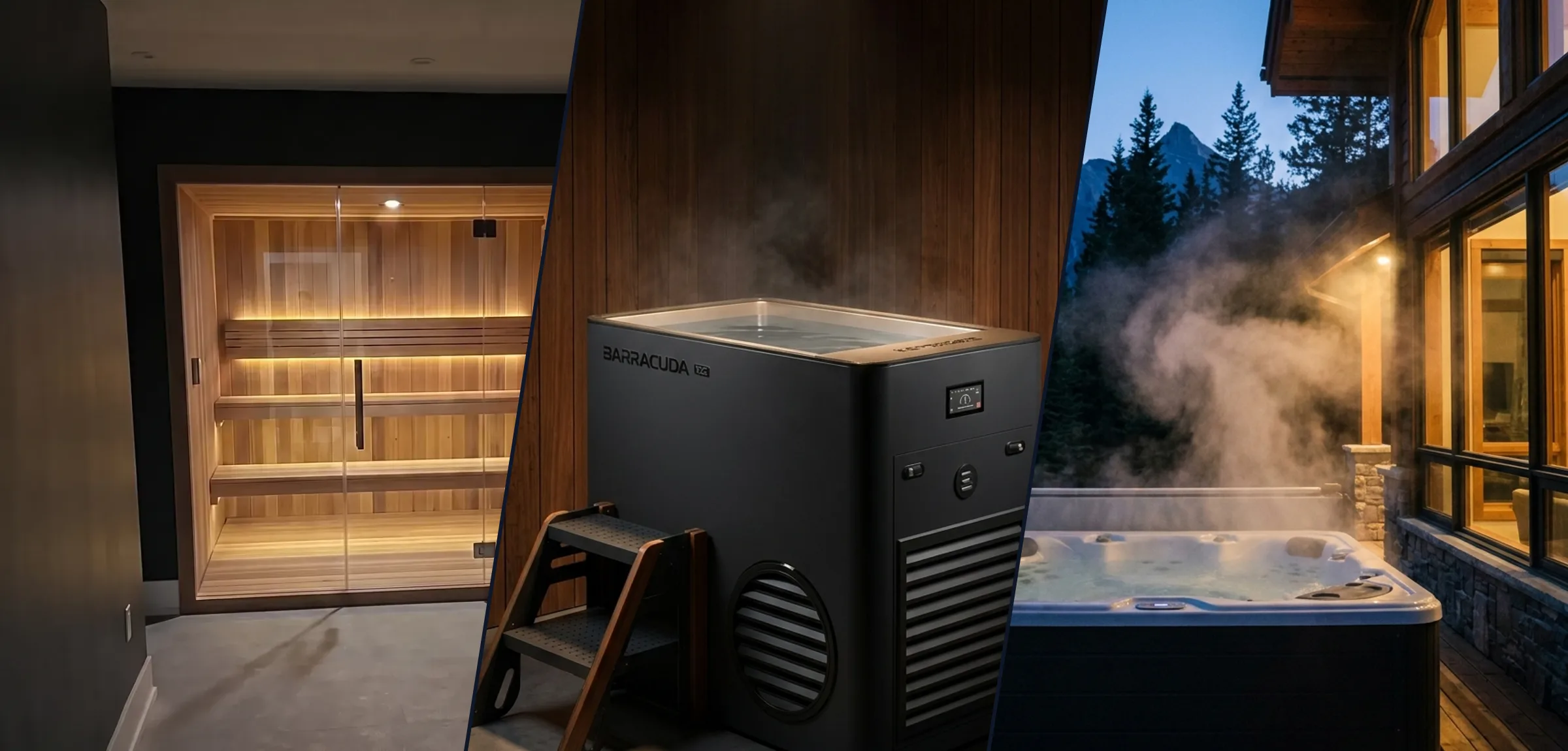 The Nordic circuit at Serenity Point at blue hour, sauna and hot tub against the snow and the peaks