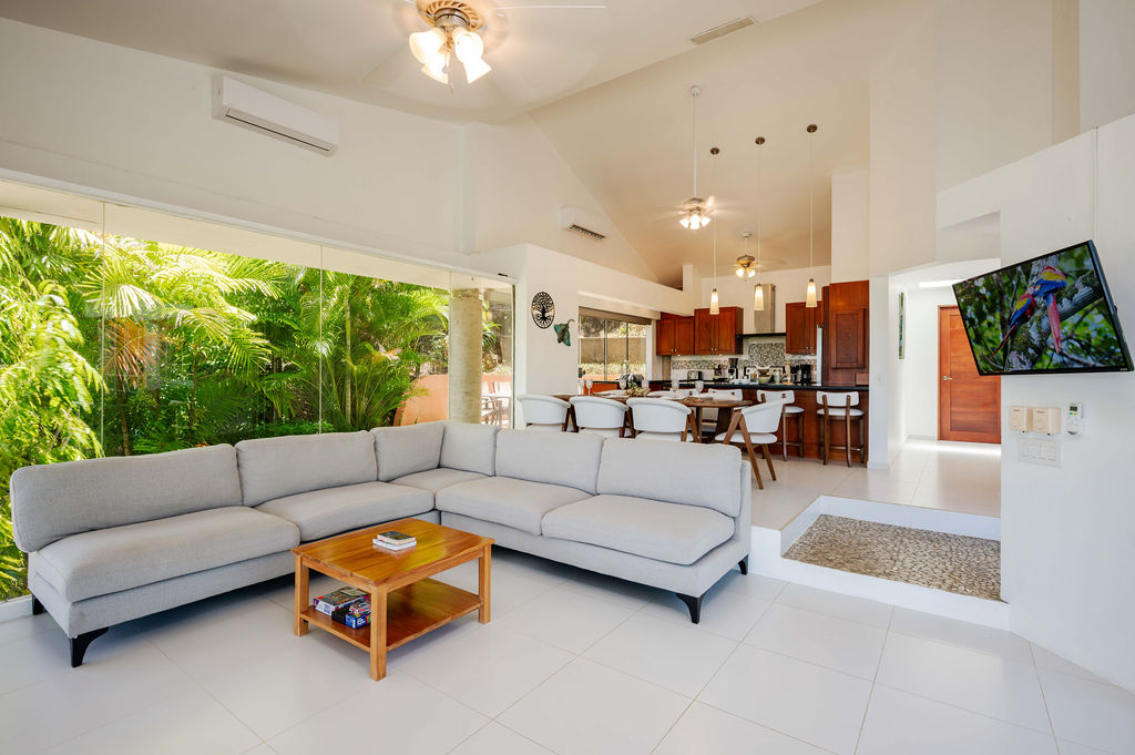 Open-plan living and kitchen with palm-shaded view